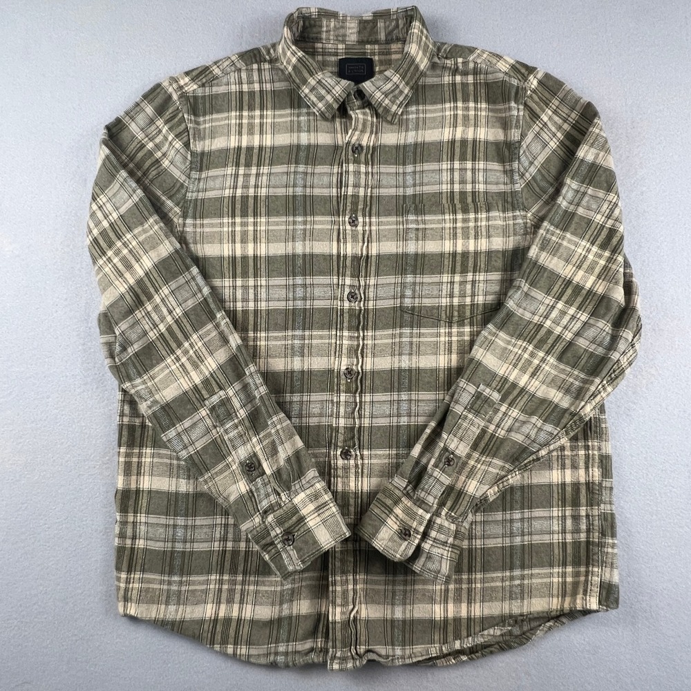14th & Union Plaid Button Down Mens Size Medium Olive Green Cotton Flannel Style